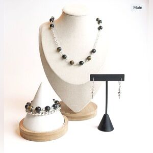 Tiger Eye & Silver Necklace, Bracelet Duo & Earrings Set